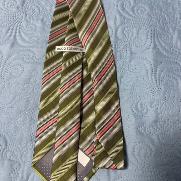Paco Rabanne Olive Green & Pink Striped Silk Tie A38 - Picture 1 of 4